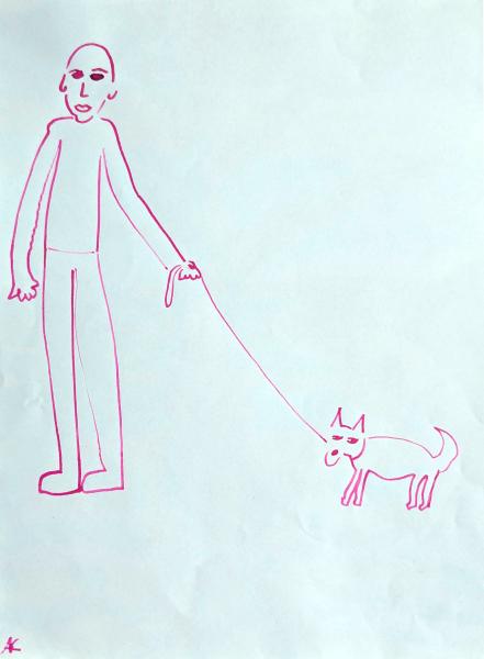 Thumbnail von 050 Mann zieht Hund, Acryl auf Papier, 04.2024, 40x30cm, 50€.jpg