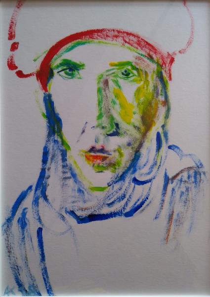 Thumbnail von 480 Selbstportrait mit roter Mütze, Acryl auf Papier, 03.2018, 30x40cm, vergeben.jpg